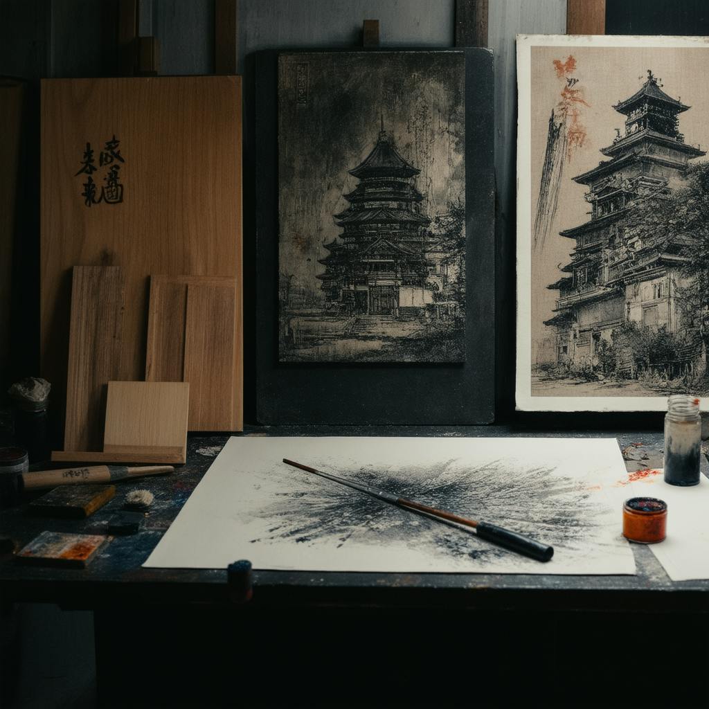 Traditional Japanese workshop showing carved woodblocks and inked prints, demonstrating historic printmaking techniques.