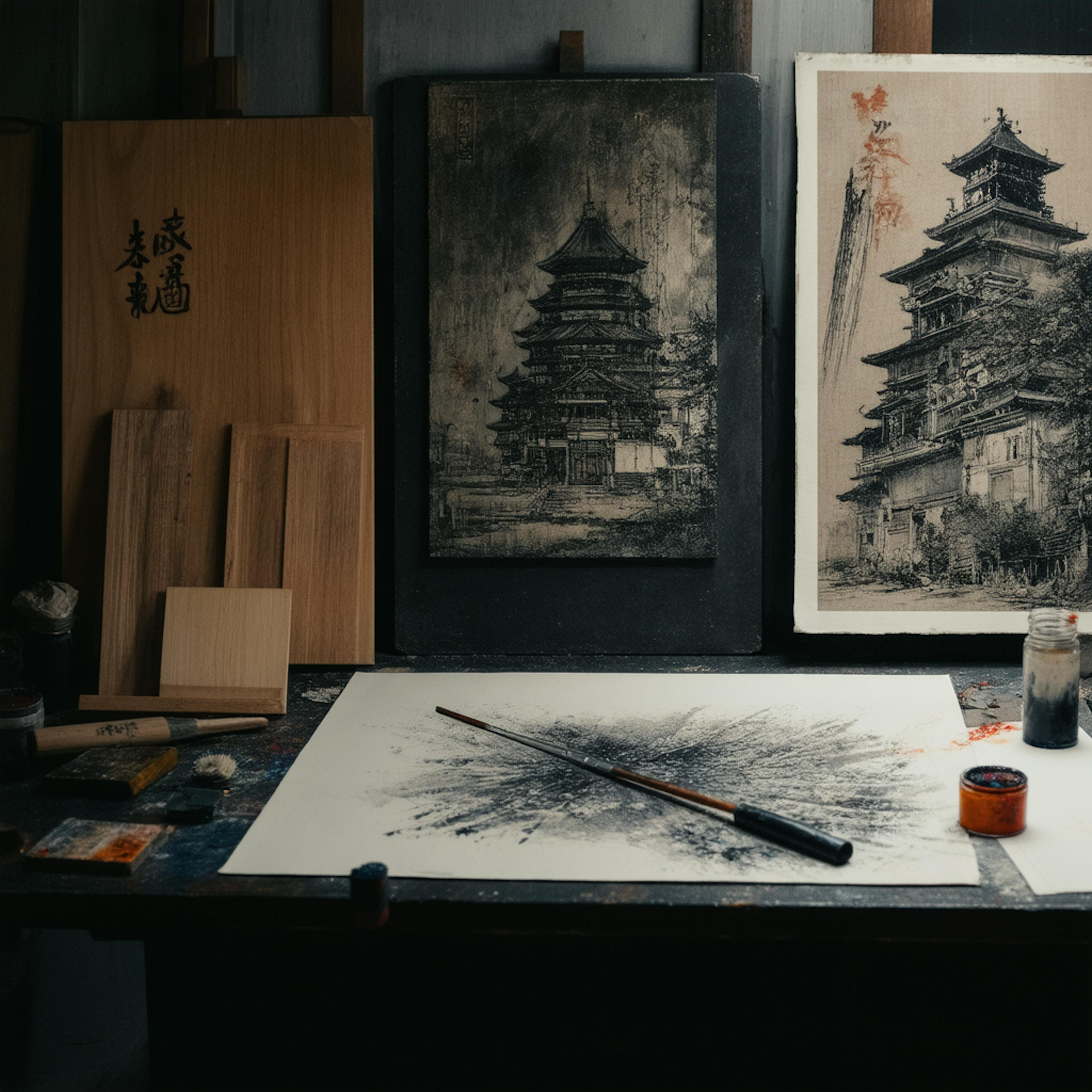 Traditional Japanese workshop showing carved woodblocks and inked prints, demonstrating historic printmaking techniques.