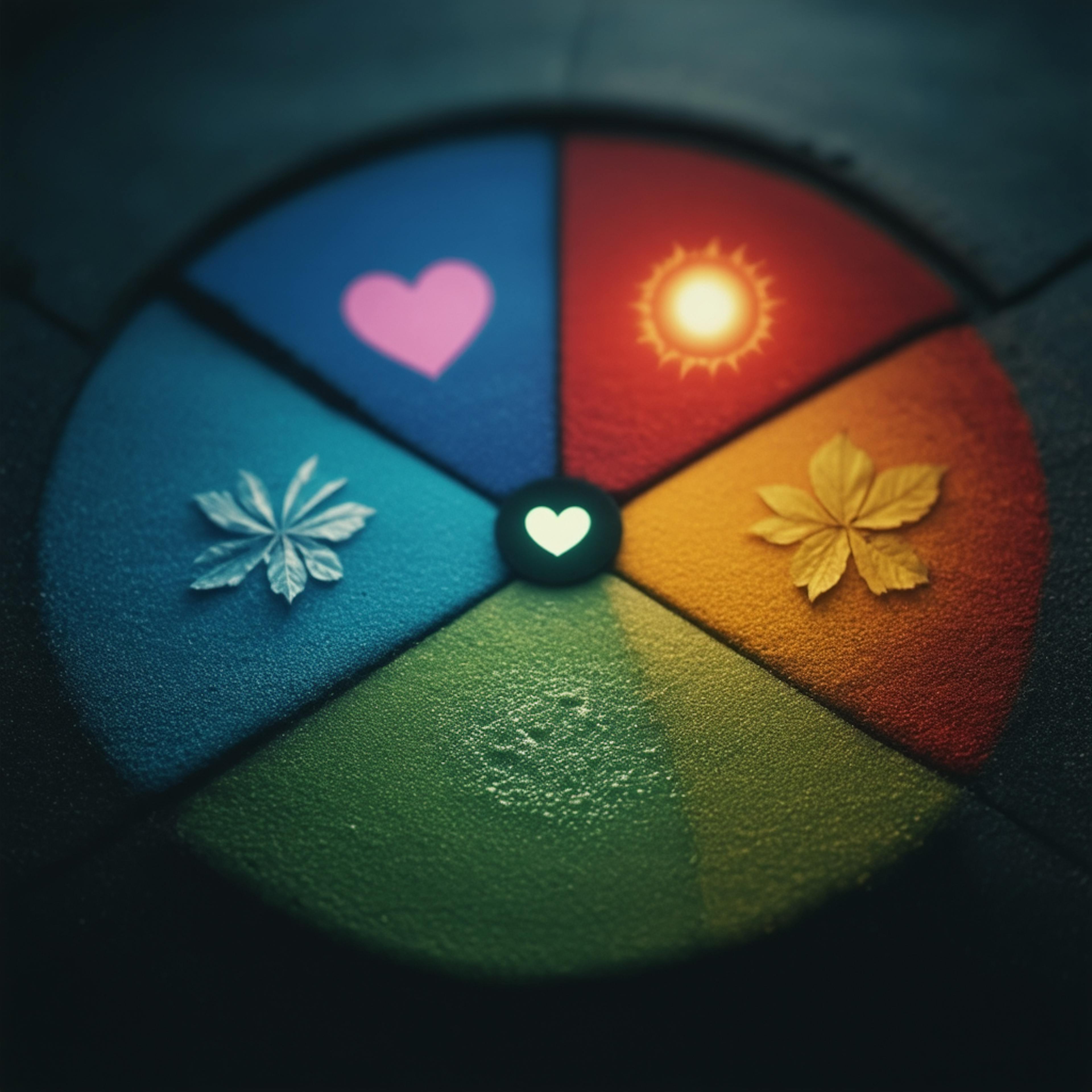 A circular palette of bright colors with hearts, leaves, and sun icons, visually exploring what different colors mean.