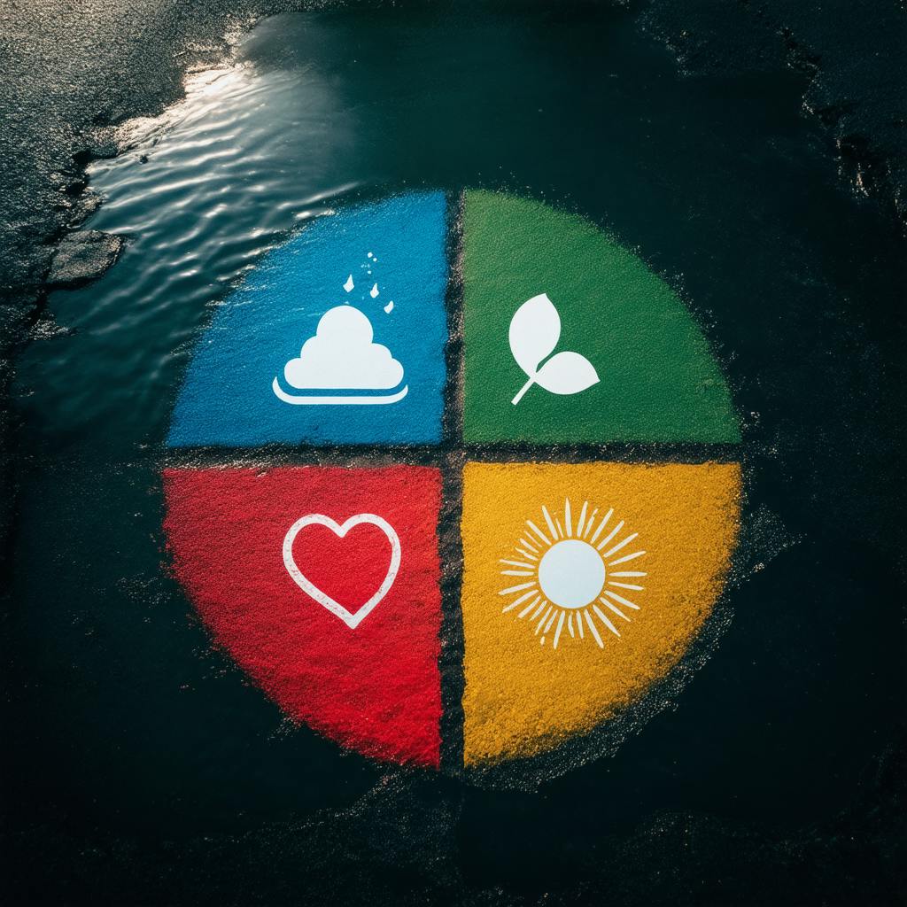 A four-part color wheel with red, yellow, green, and blue sections, showing icons to represent what different colors mean.