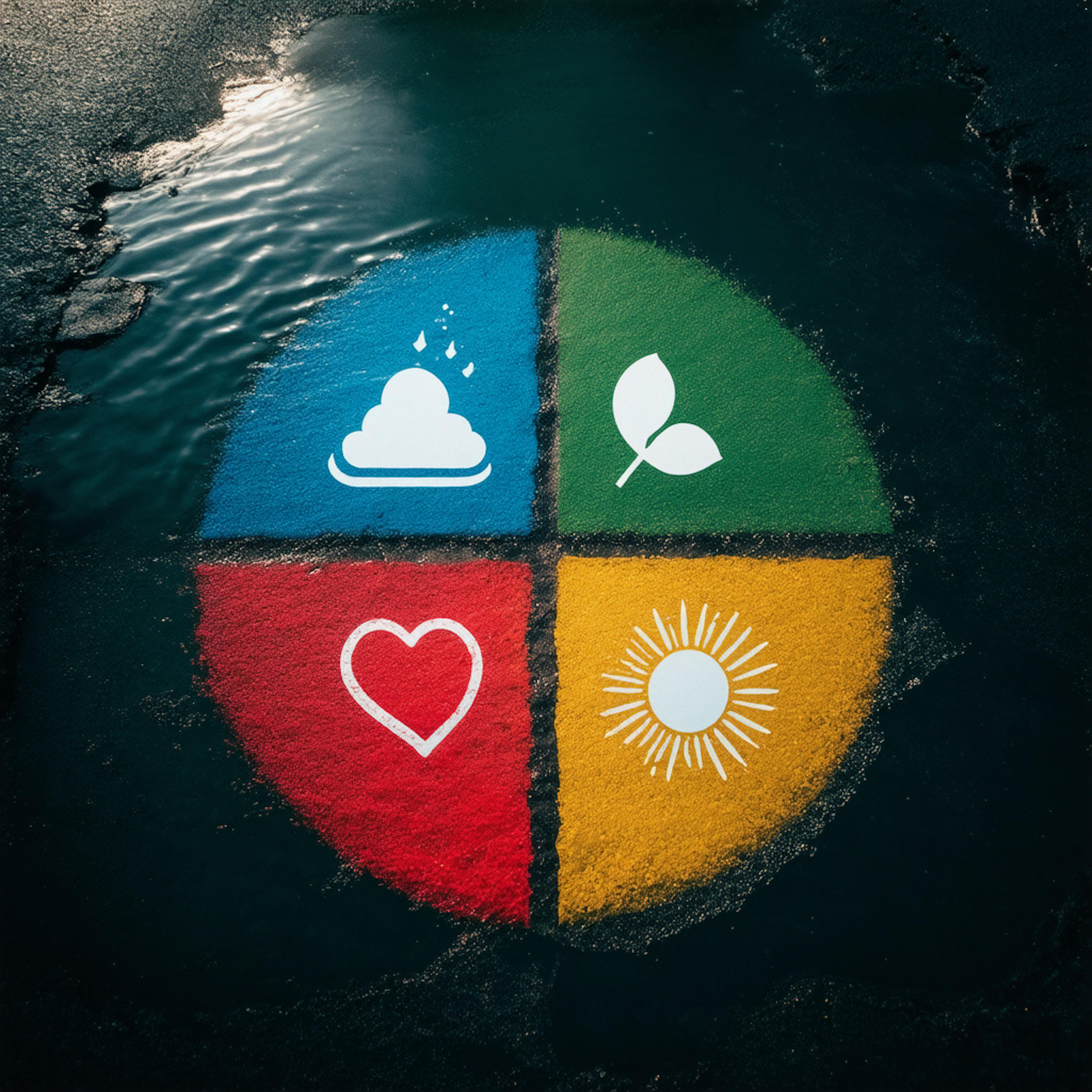 A four-part color wheel with red, yellow, green, and blue sections, showing icons to represent what different colors mean.