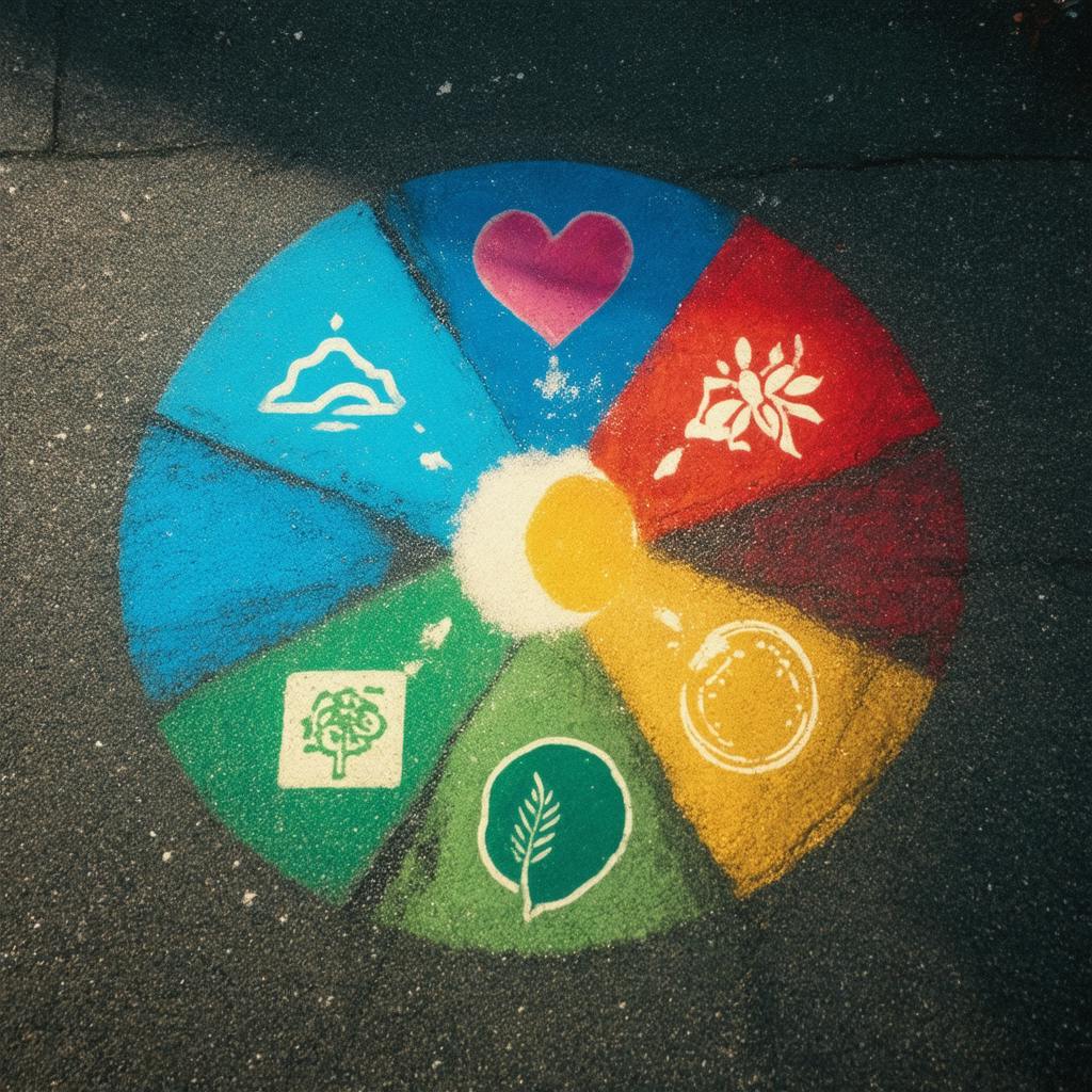 A vibrant color wheel painted on pavement with icons, symbolizing what different colors mean in emotions and nature.