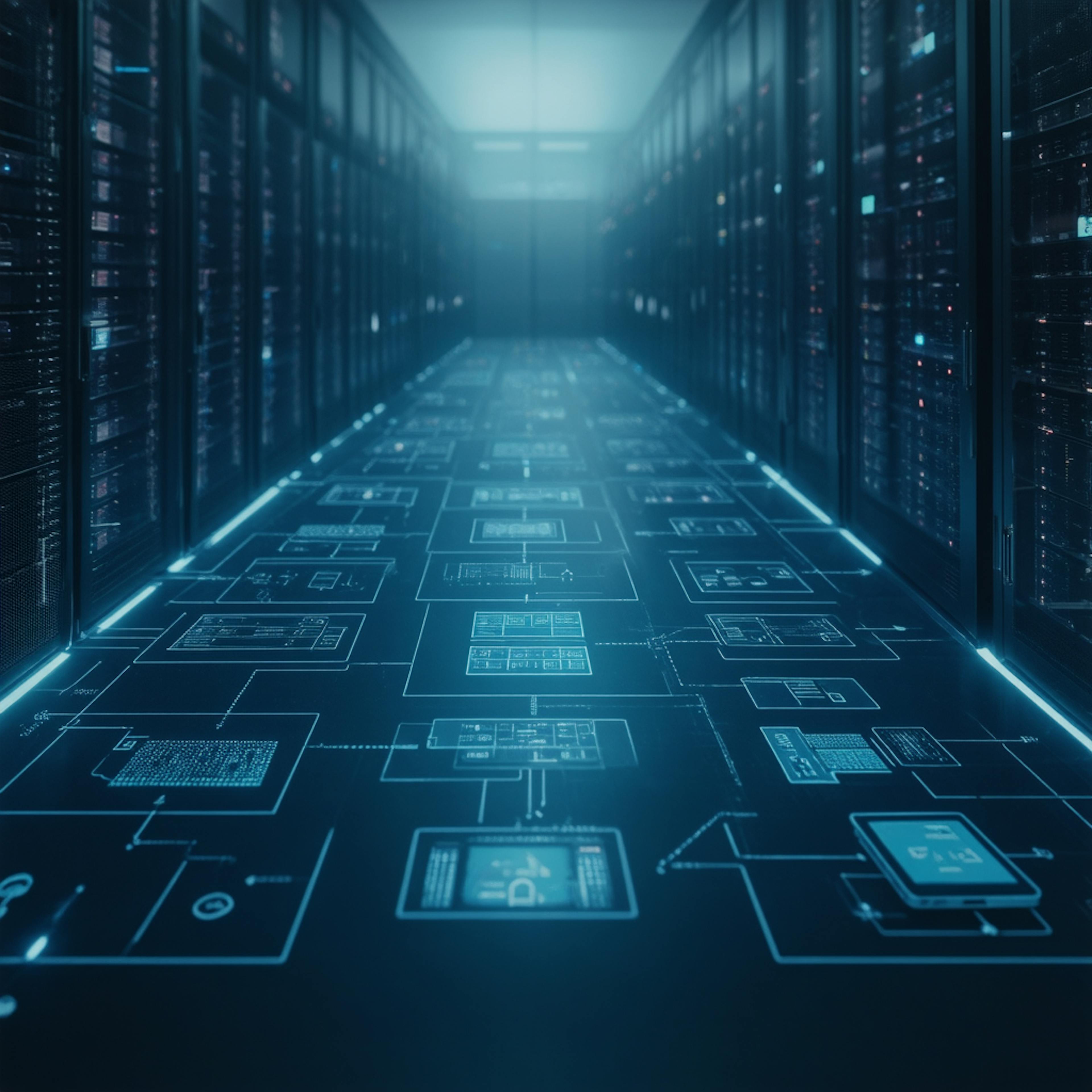 A data center hallway overlaid with network schematics, representing what is system design and its role in infrastructure planning.