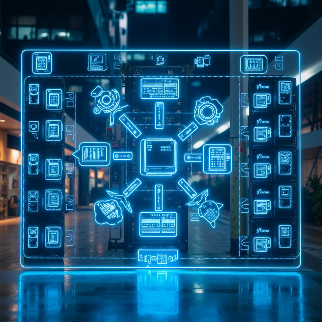 A glowing interface of interconnected modules, illustrating what is system design and how components communicate in a system.