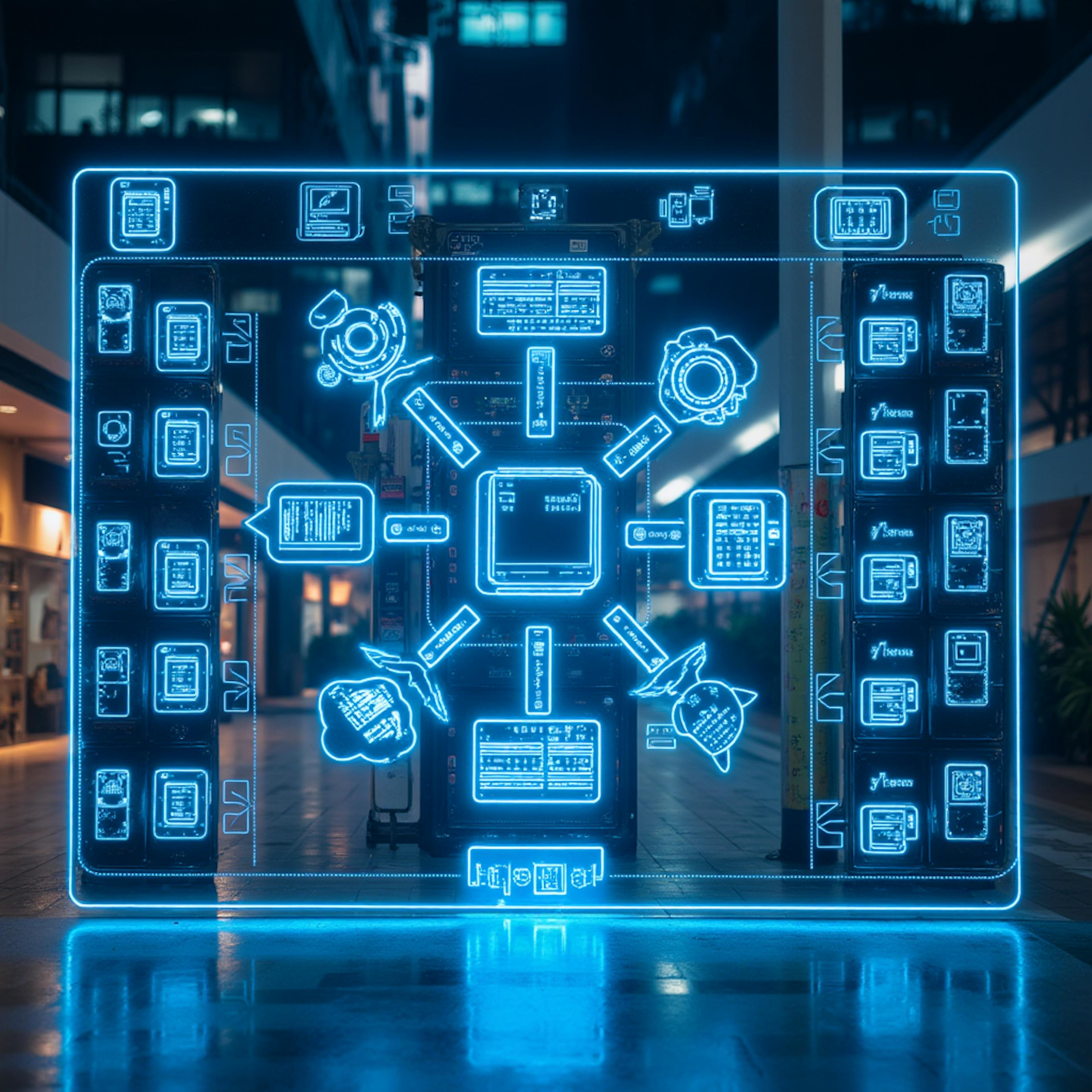 A glowing interface of interconnected modules, illustrating what is system design and how components communicate in a system.