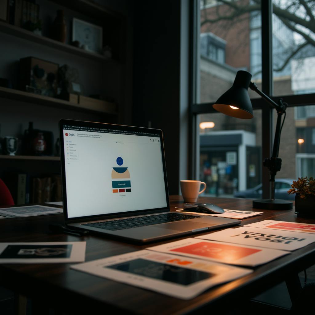 A workspace with a laptop showing a digital mockup and printed materials spread across the table, highlighting brand design development and visual identity exploration.