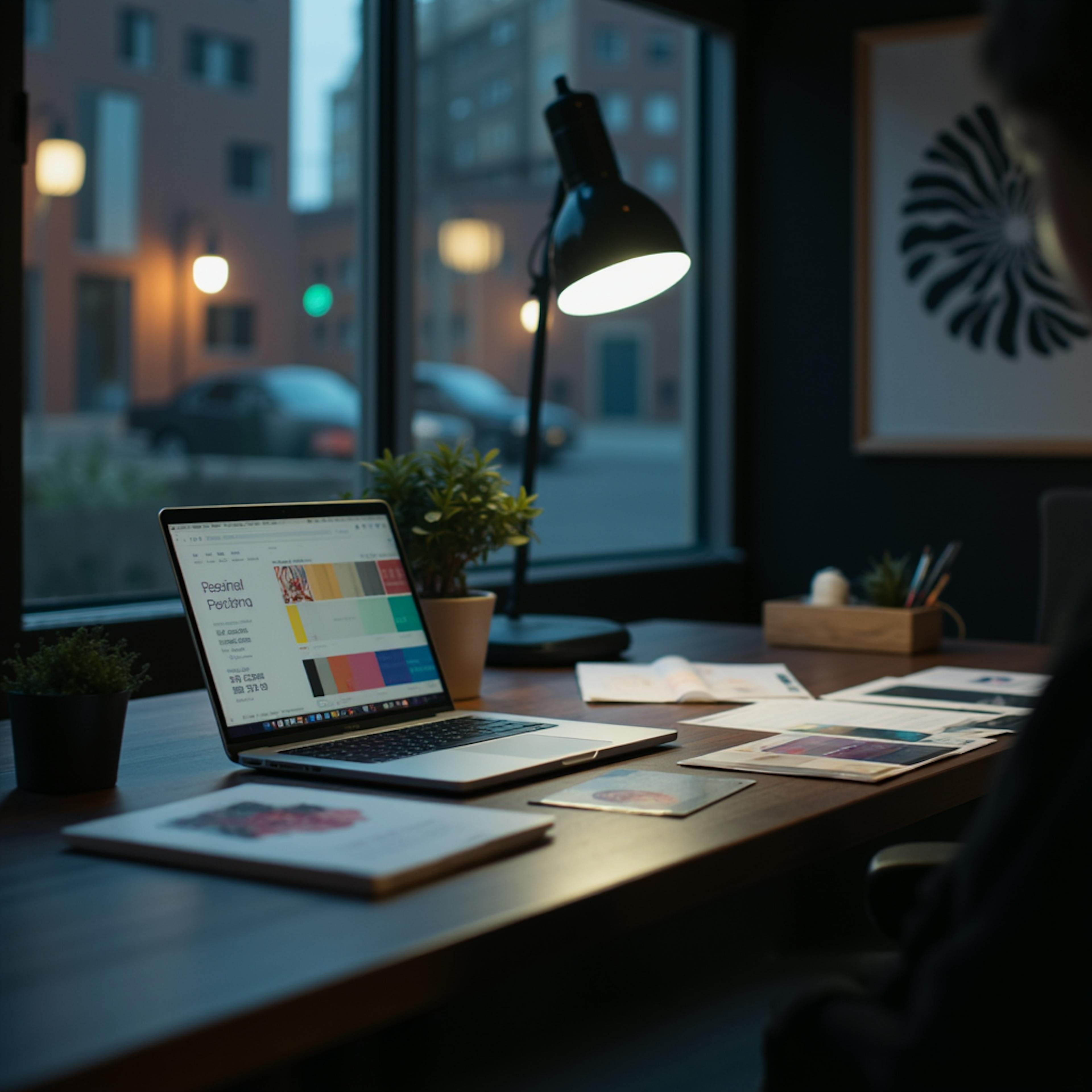 A creative desk setup with a laptop screen showing a palette of colors and printed design drafts, emphasizing the brand design workflow in a modern office environment.