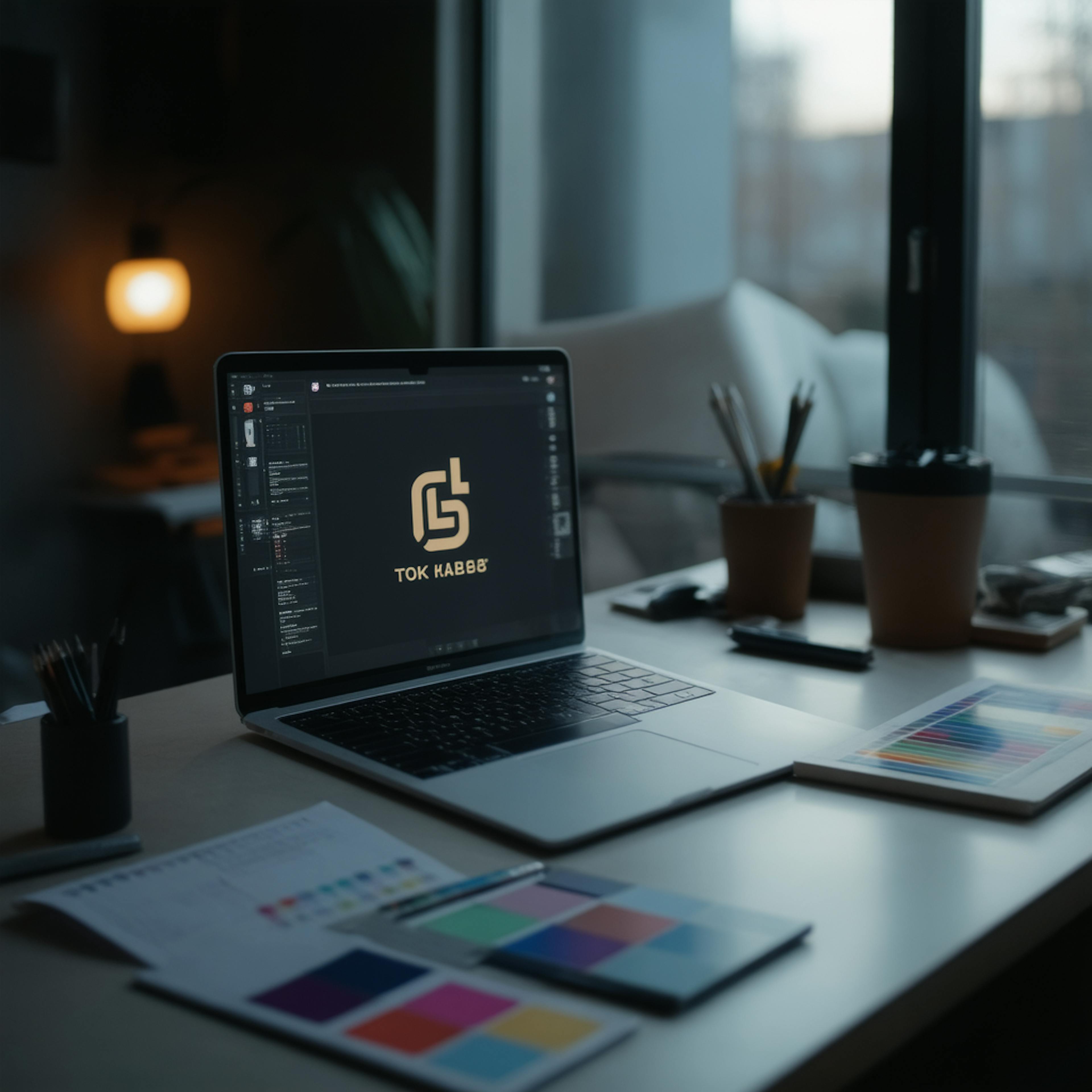 A laptop on a desk displays a golden logo in a design software interface, surrounded by color swatches and pencils, representing a brand design process.