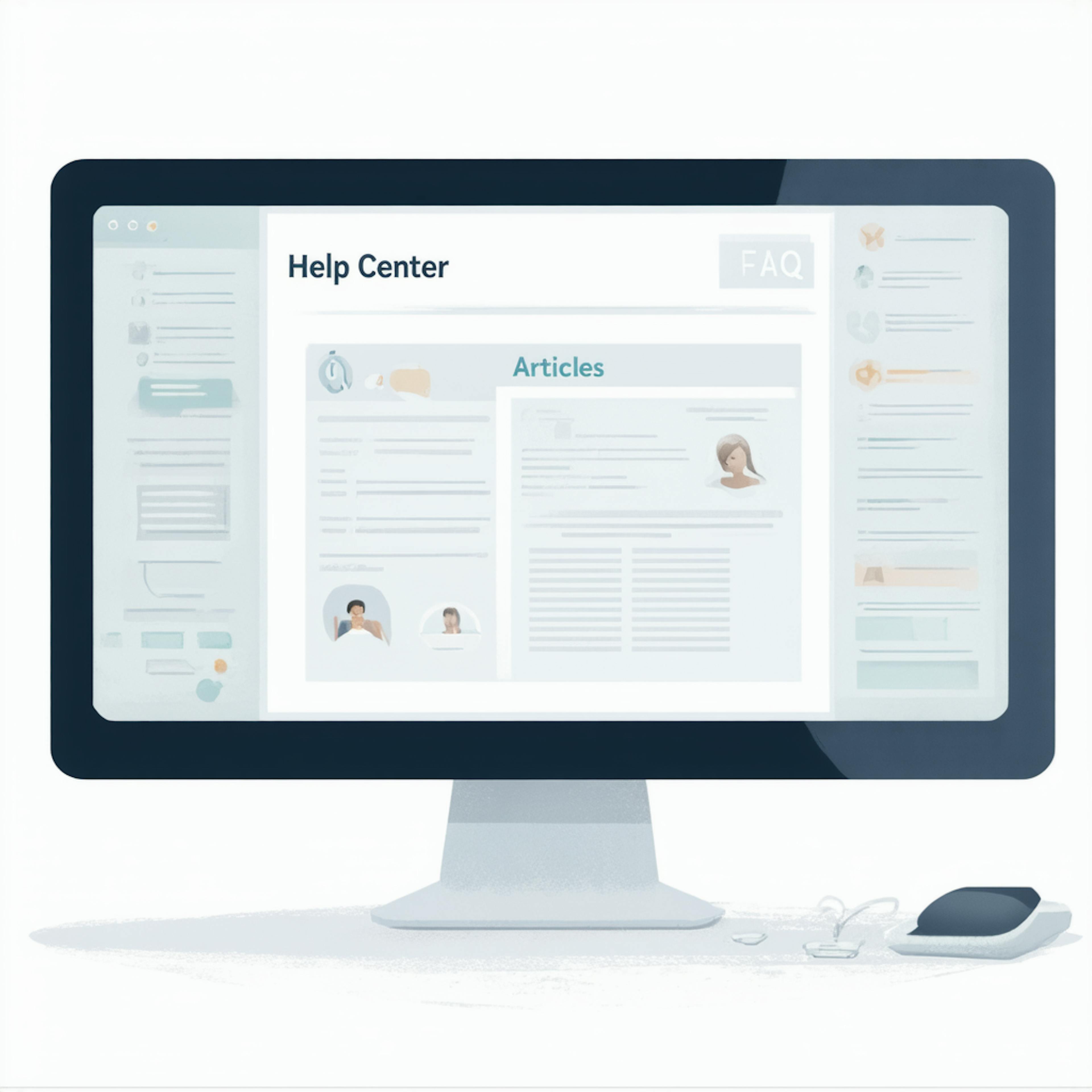 Help Center interface displayed on a computer screen, showcasing knowledge base software for FAQs, articles, and customer self-service solutions.