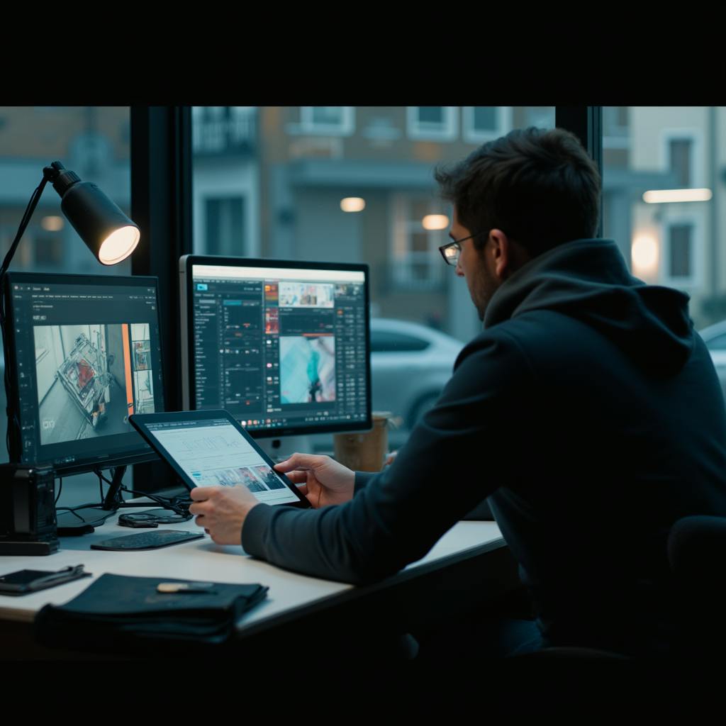 A UI UX designer at a modern desk with dual monitors and a tablet, refining interface design and enhancing usability for a digital product.