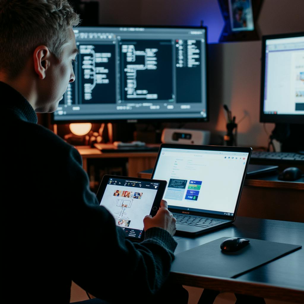 A UI UX designer using multiple screens and a tablet to review website layouts and improve user experience design.