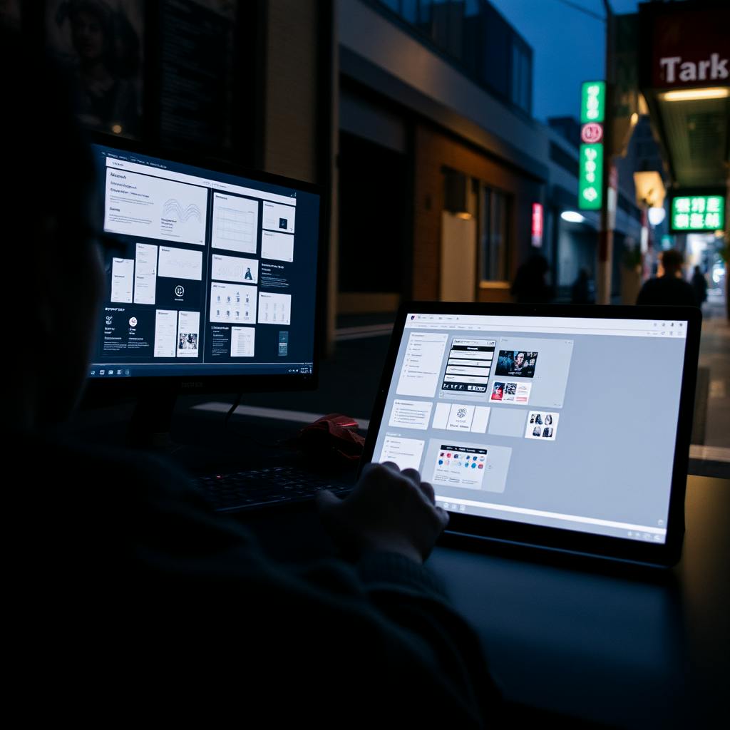 A UI UX designer working on dual monitors and a laptop at night, creating wireframes and prototypes for a digital project.