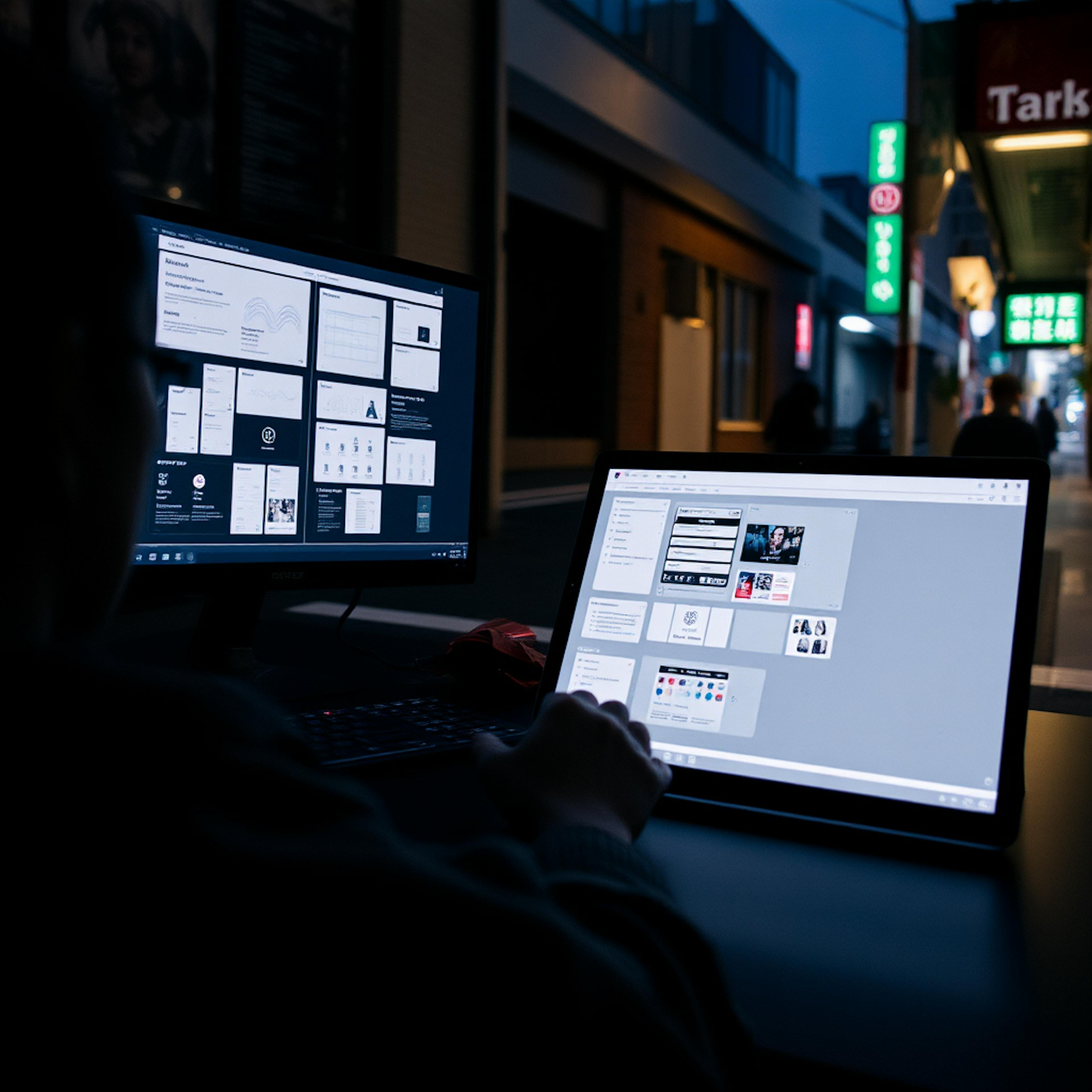 A UI UX designer working on dual monitors and a laptop at night, creating wireframes and prototypes for a digital project.