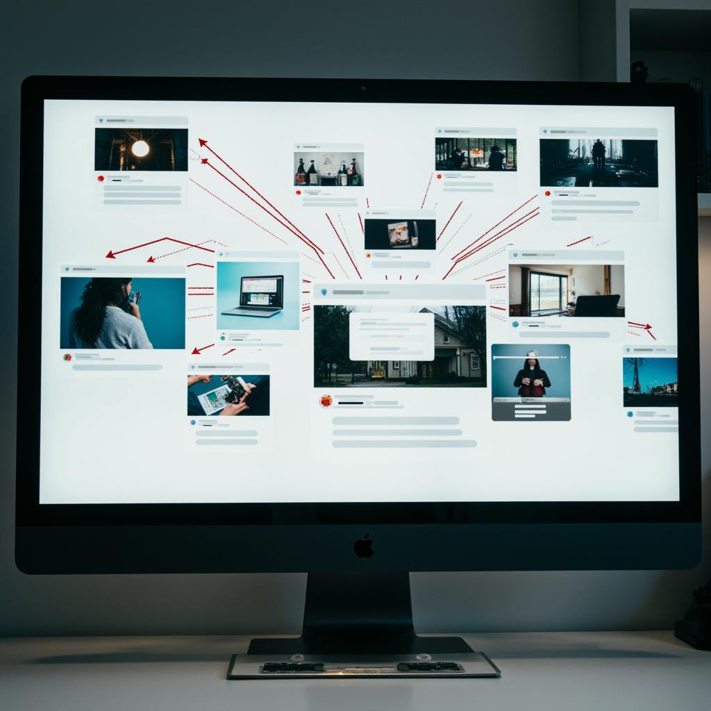 A monitor displaying connected content pieces with arrows, highlighting marketing content scalability and the ability to distribute campaigns across platforms.