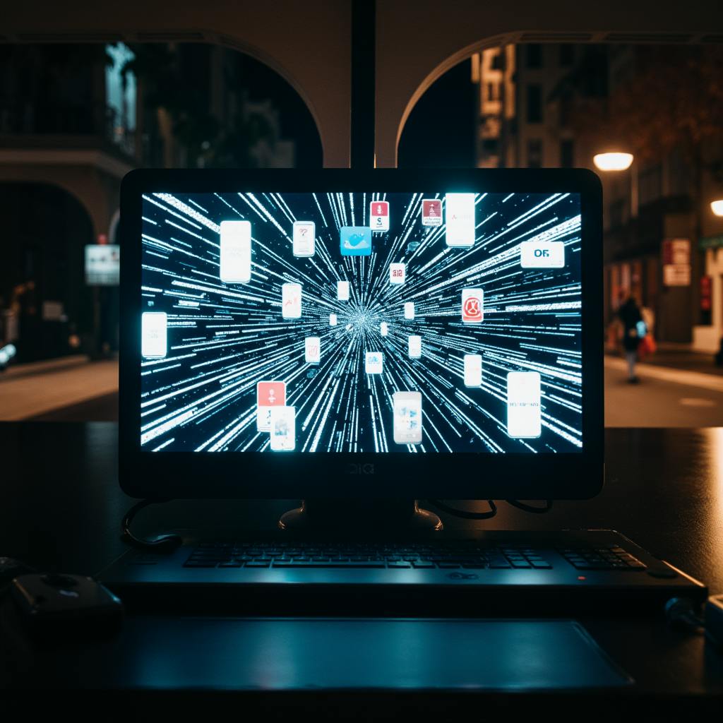 Desktop monitor with digital assets spreading in all directions, illustrating marketing content scalability powered by data and automation tools.