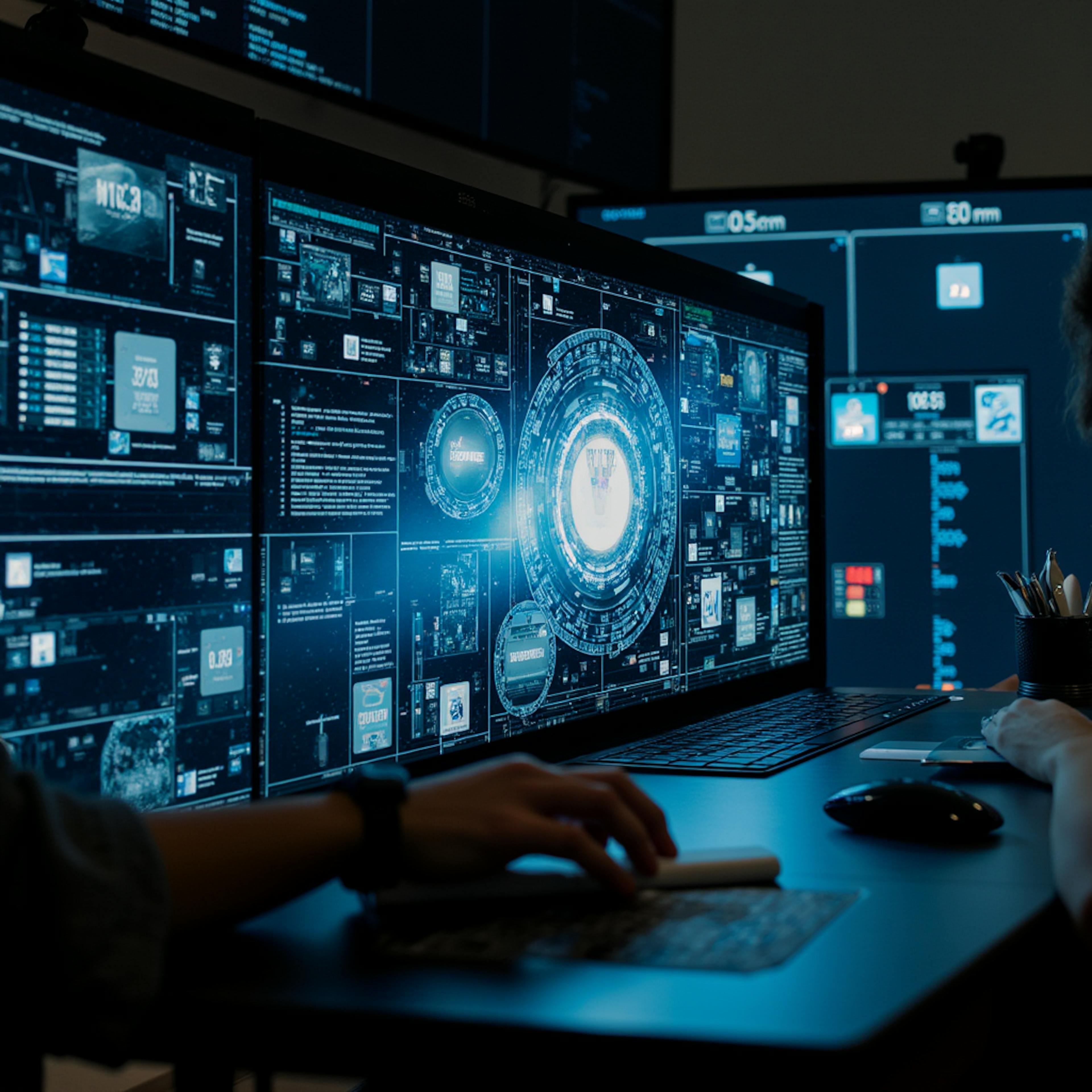 Designer working with advanced digital dashboards on multiple screens, showcasing automated branding powered by AI and data-driven tools.