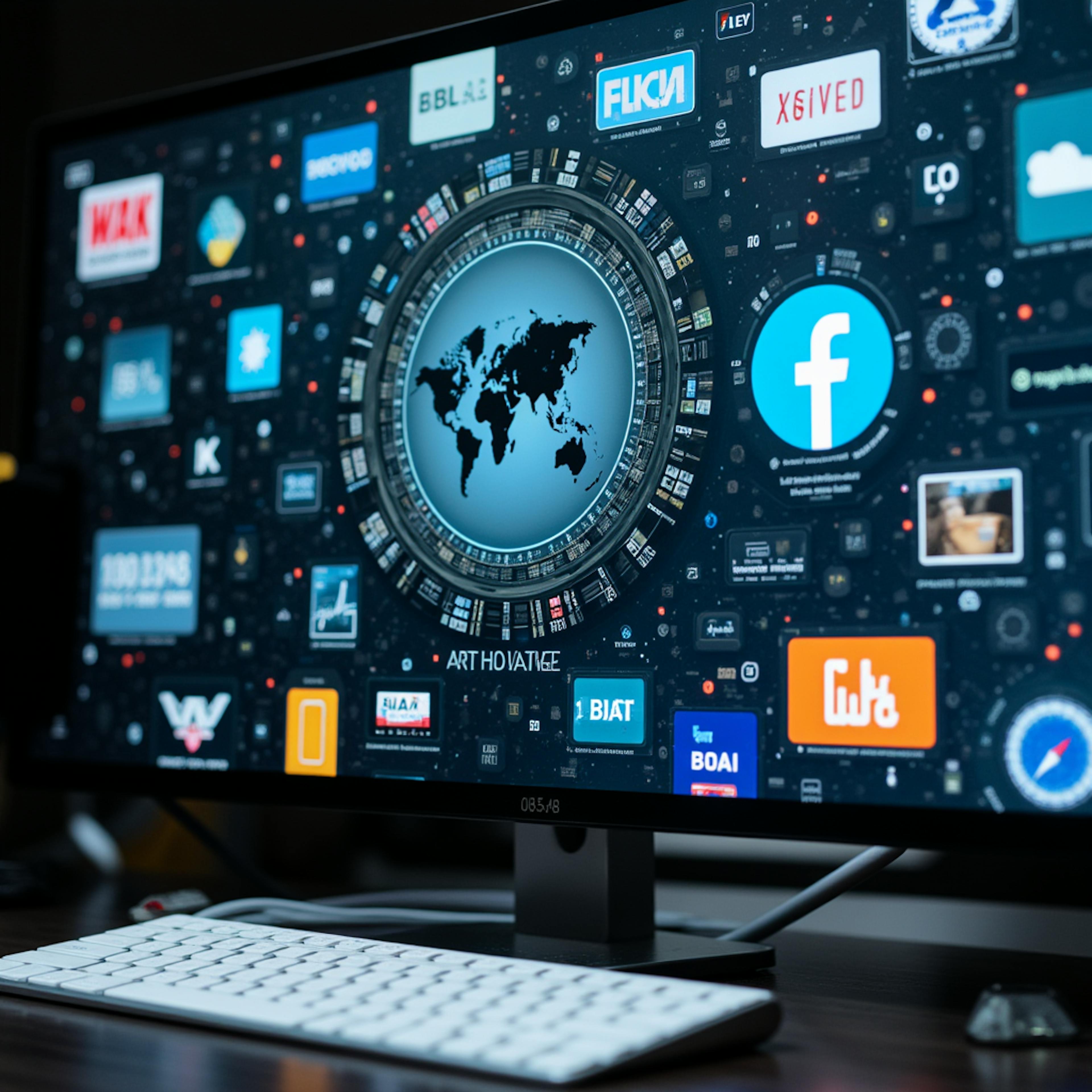 A monitor displaying logos and a world map, representing automated branding solutions that help businesses scale identity across global platforms.