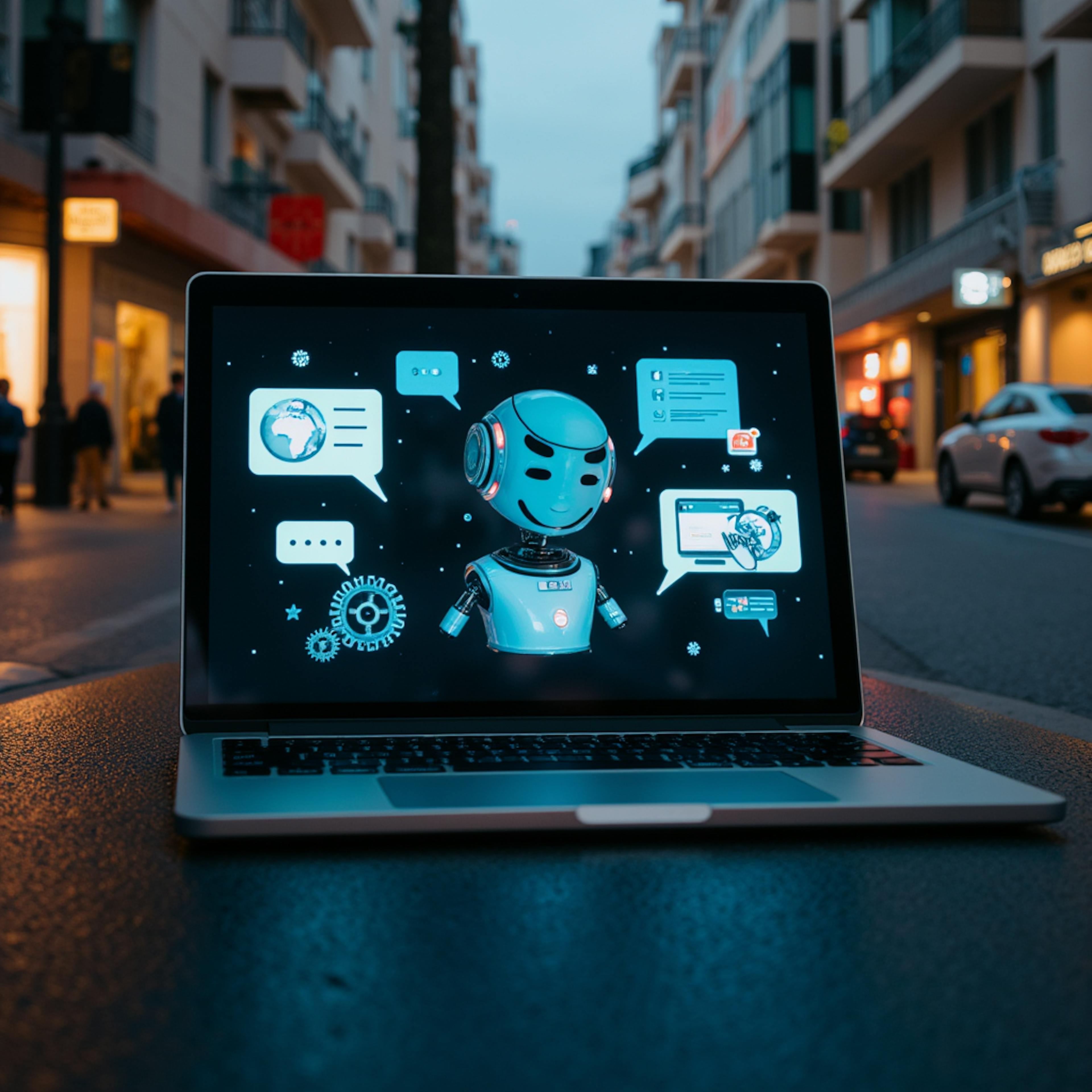 Computer screen displaying a futuristic robot with multiple speech bubbles, representing an AI chatbot used for global online communication.