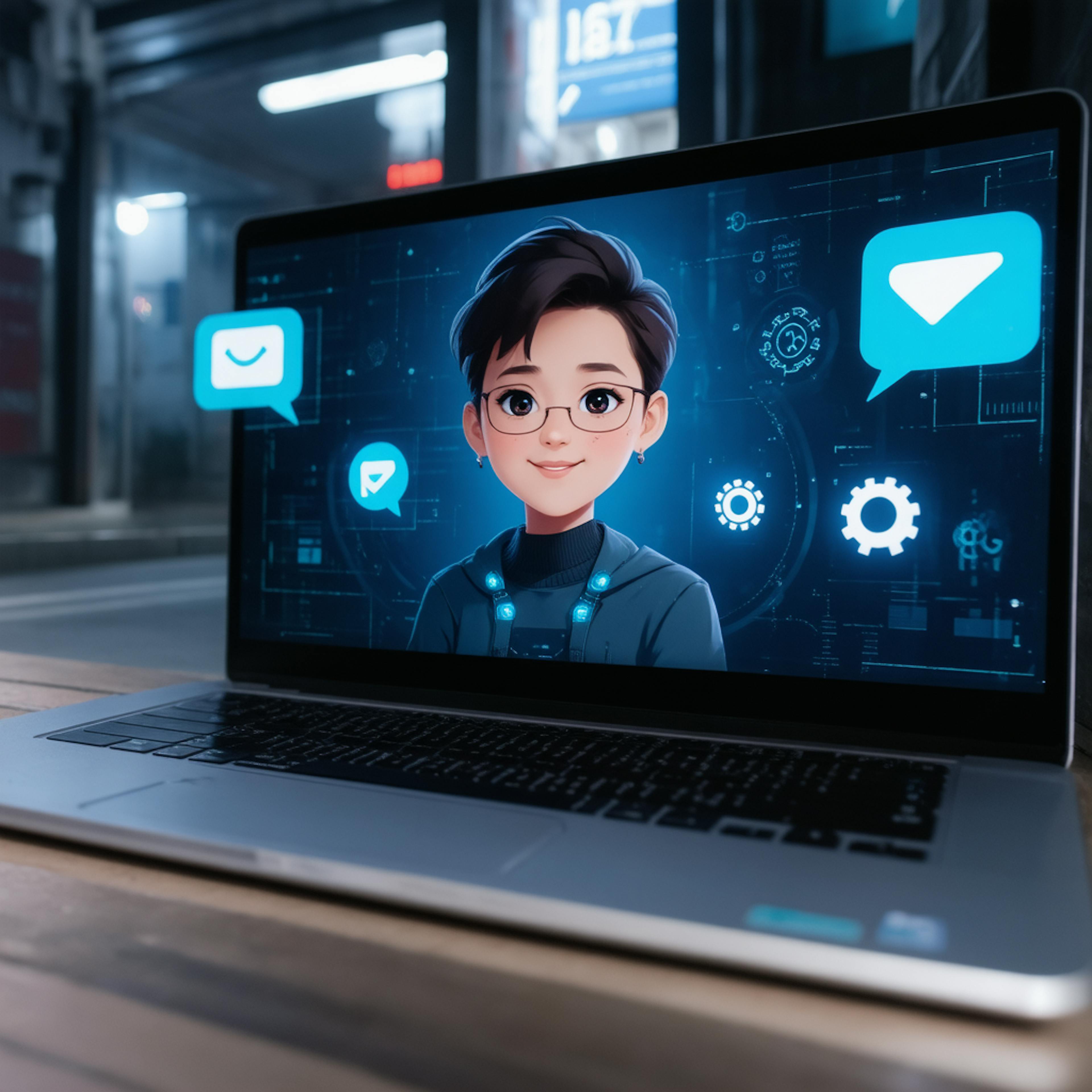 A laptop screen showing a friendly animated character with chat icons, symbolizing an AI chatbot for customer support and engagement.