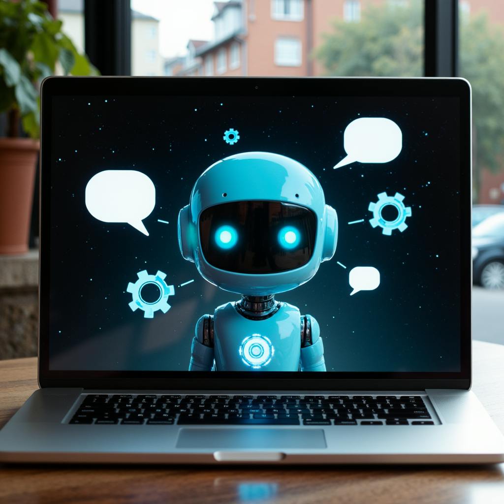 A glowing digital robot on a laptop screen with gears and chat icons, illustrating an AI chatbot designed for automation and smart interactions.