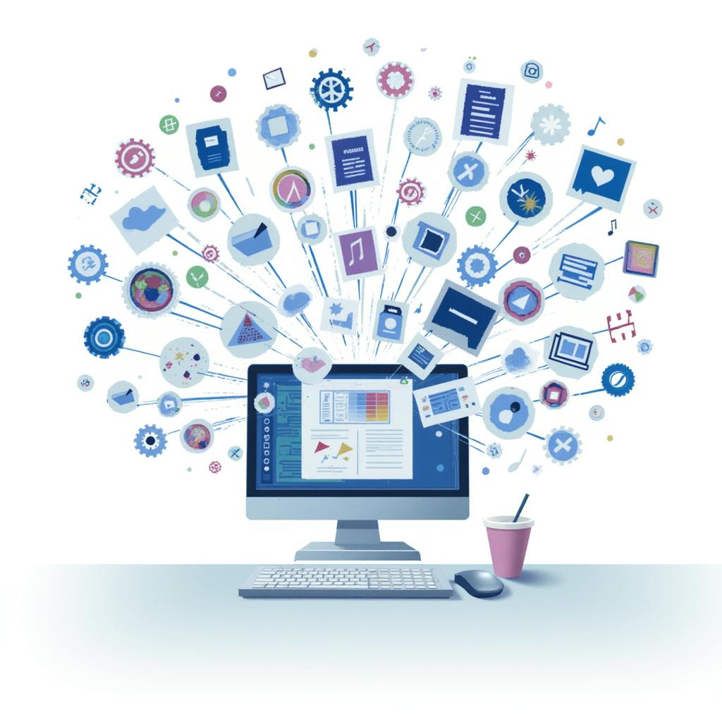 Computer monitor surrounded by icons and gears representing apps, data, and media, highlighting the benefits of generative AI in streamlining workflows.