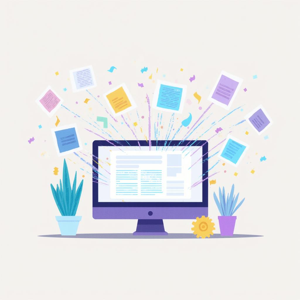 Illustration of a computer screen with colorful documents and digital sparks flying out, symbolizing the benefits of generative AI for content creation.