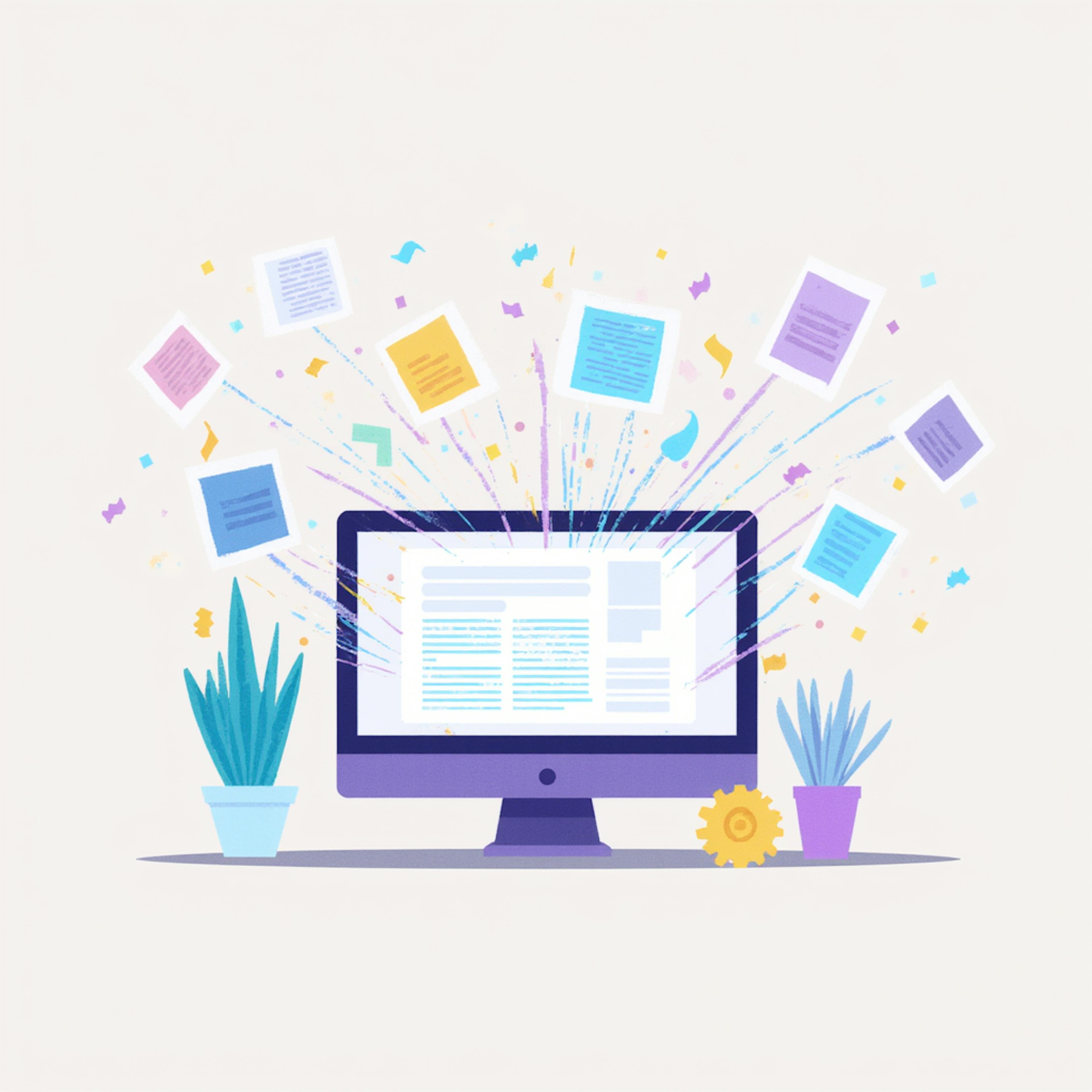 Illustration of a computer screen with colorful documents and digital sparks flying out, symbolizing the benefits of generative AI for content creation.