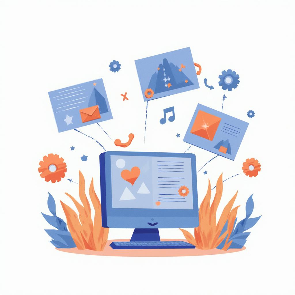 Creative digital artwork of a desktop with floating graphics, gears, and icons, emphasizing the benefits of generative AI in boosting creativity and efficiency.