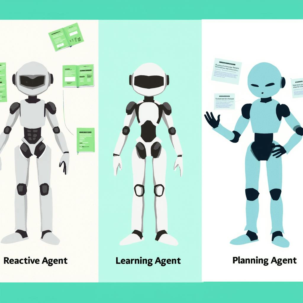 Graphic of robots symbolizing types of AI agents, labeled as Reactive Agent, Learning Agent, and Planning Agent, with educational materials.