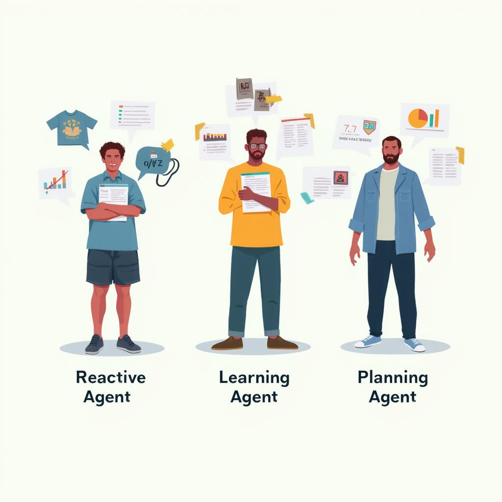 Illustration of three people representing types of AI agents: Reactive Agent, Learning Agent, and Planning Agent, each with related icons and documents.