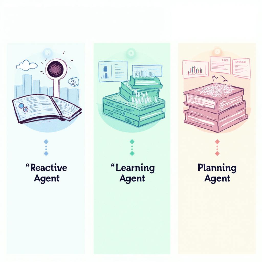 Illustration of different types of AI agents showing Reactive Agent, Learning Agent, and Planning Agent, each represented with books and charts.