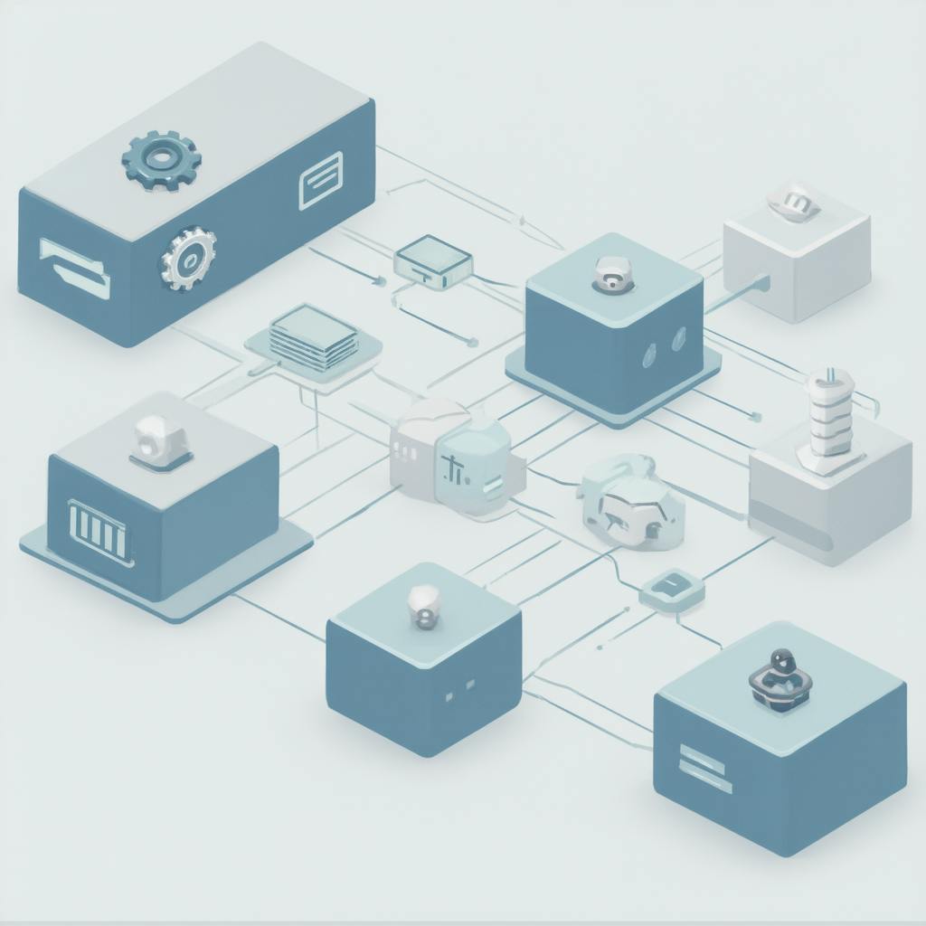 Isometric illustration of interconnected system blocks symbolizing data flow and automation in ai agent frameworks.