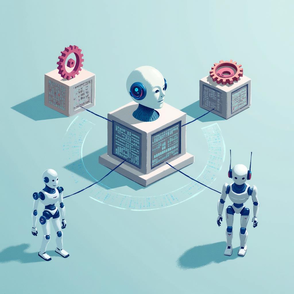 Two humanoid robots connected to a central AI brain managing processes, visualizing modern ai agent frameworks.