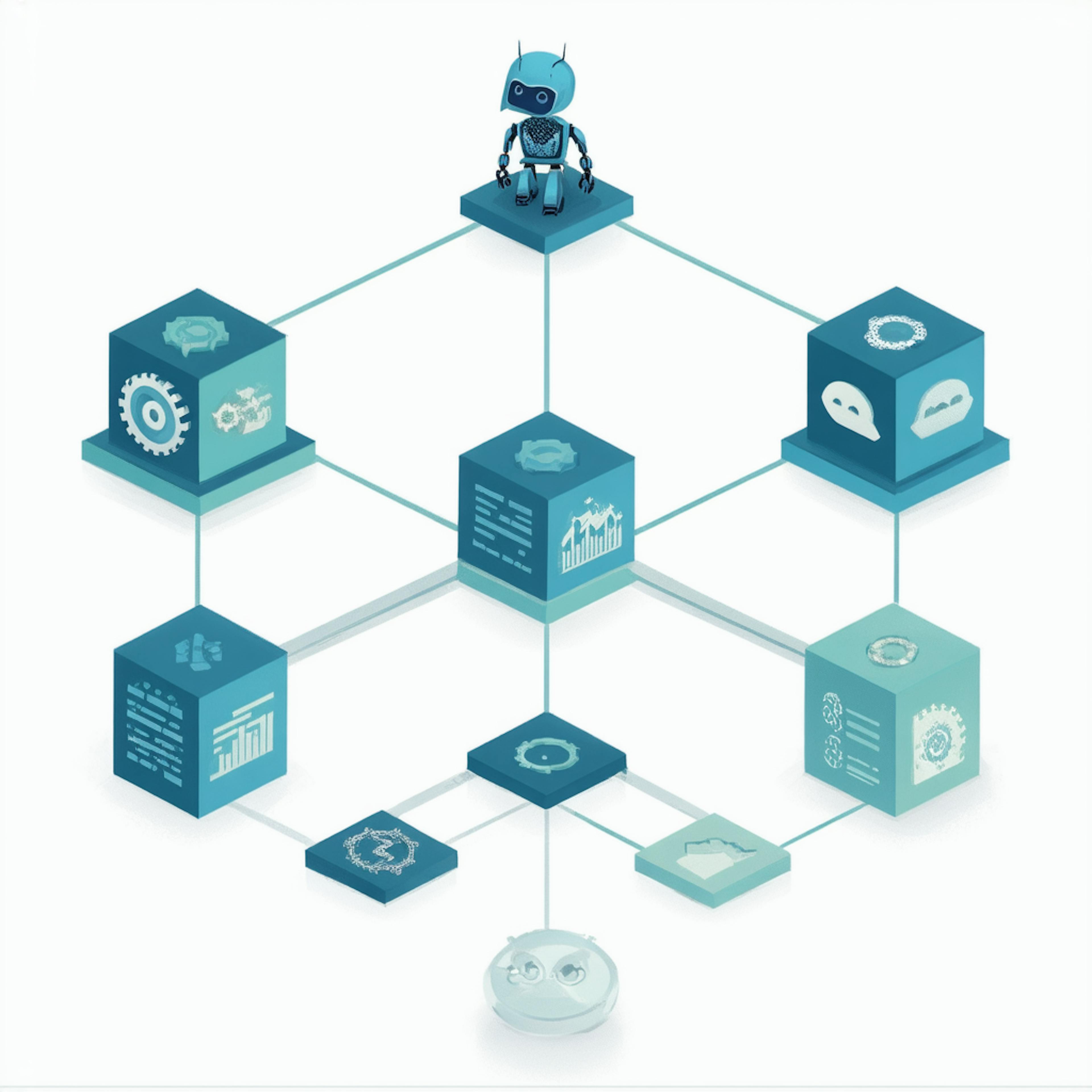 Robot coordinating modular blocks representing analytics, chat, and workflows in scalable ai agent frameworks.