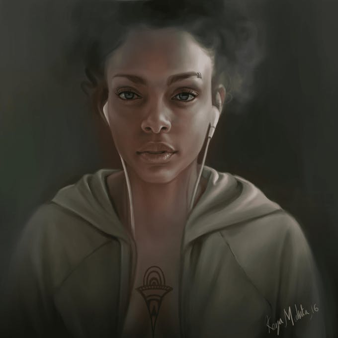A portrait of a woman wearing ear buds