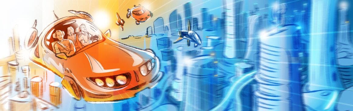 A flying car in a city