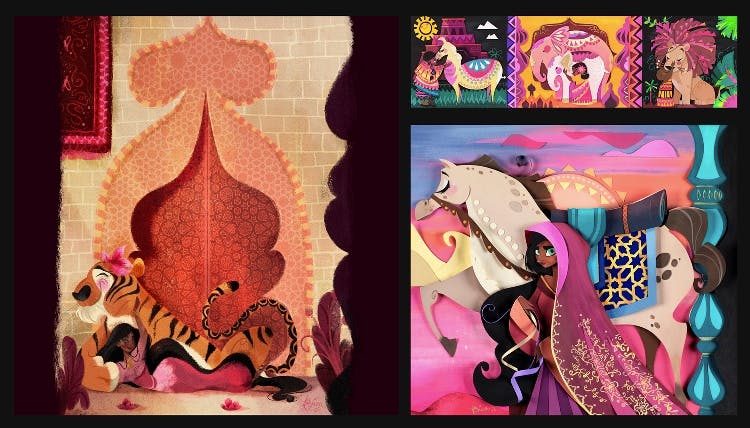 A collage of illustrations inspired by the movie Aladdin.
