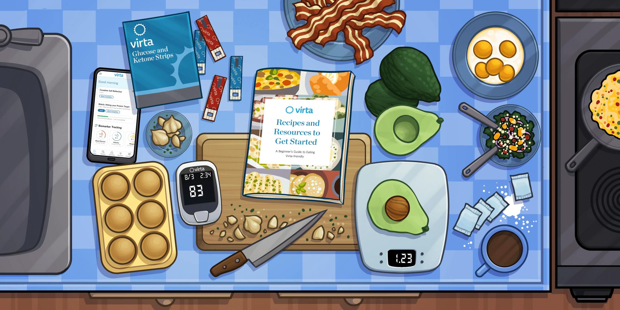 A countertop full of healthy good and Virta's helpful tools.