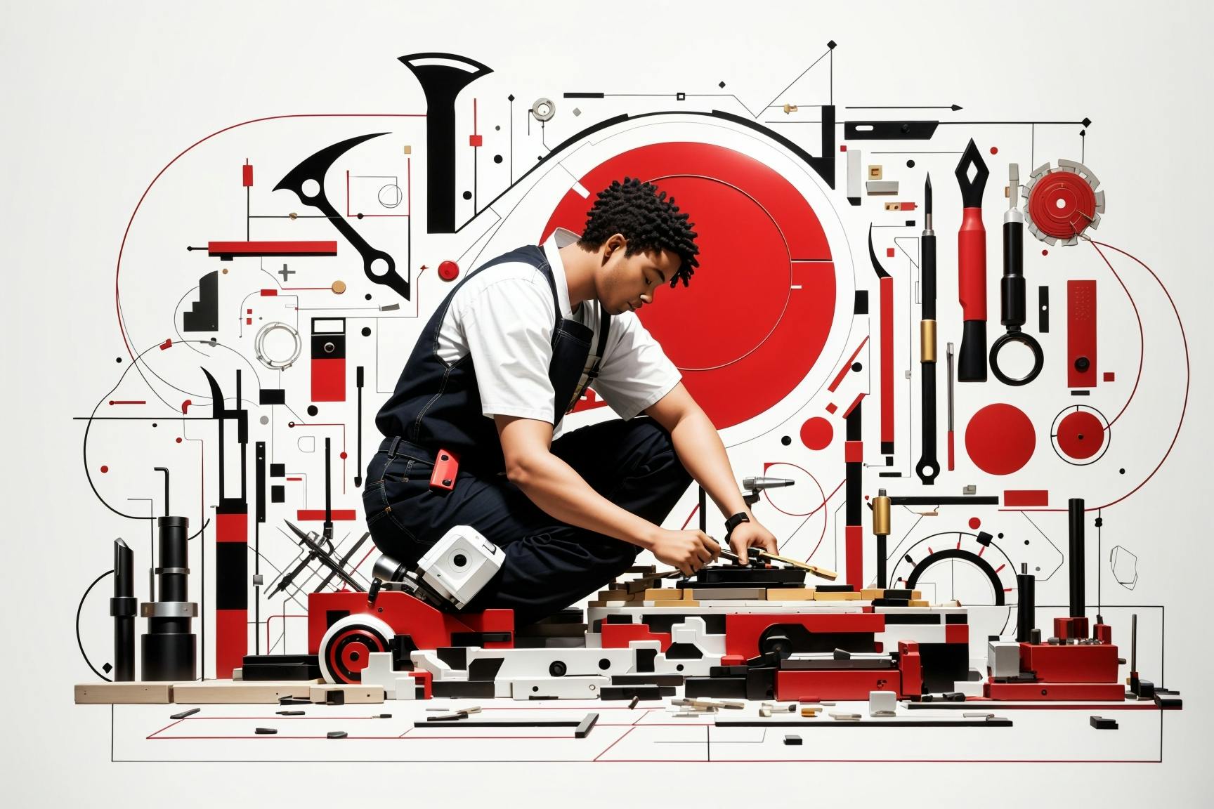 an image of a craftsman using tools to build a brand with an array of tools behind him, featured primarily in red