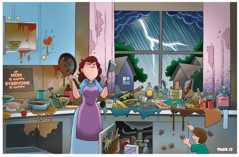 A woman in a very dirty home