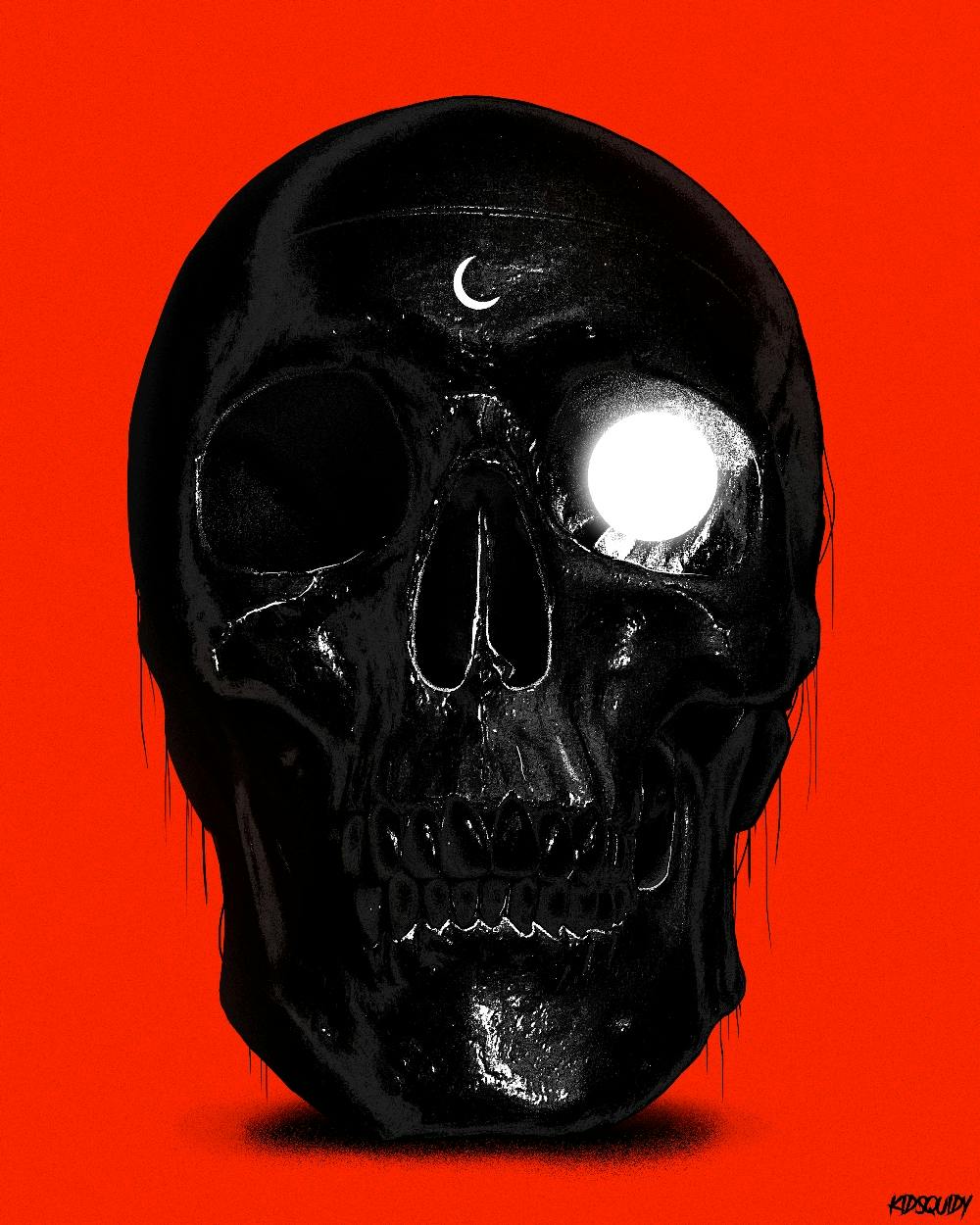 A black skull with a glowing white socket