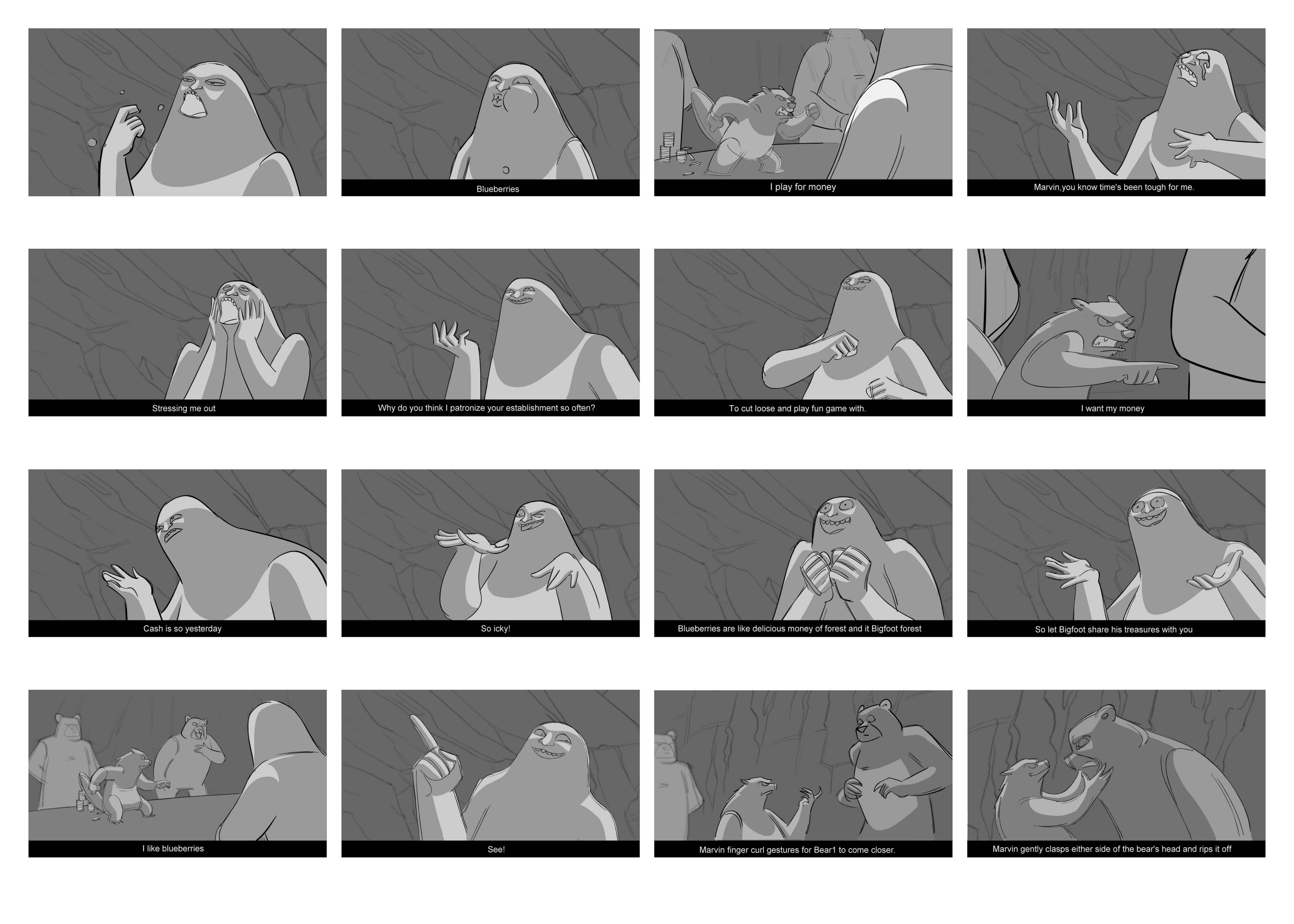 Storyboards of creature talking to bears