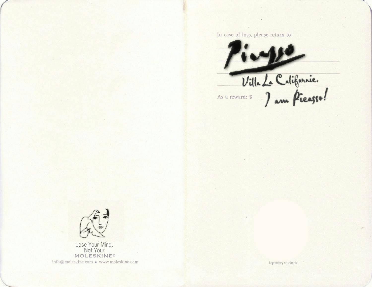 A moleskin notebook with Picasso's signature