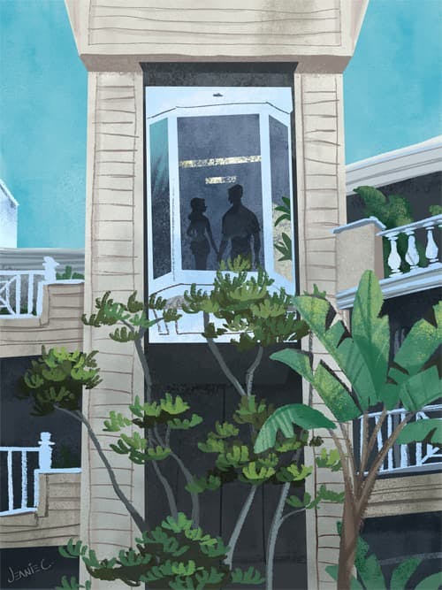 A glass outdoor elevator rising between modern balconies and lush greenery — an example of urban visuals often used in AI for social media campaigns to highlight lifestyle and architectural themes.