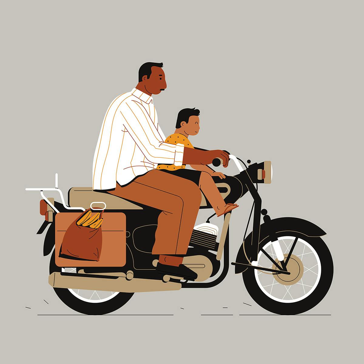 Man and boy riding motorcycle