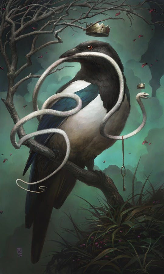 An illustration of a royal bird holding a white snake in its mouth