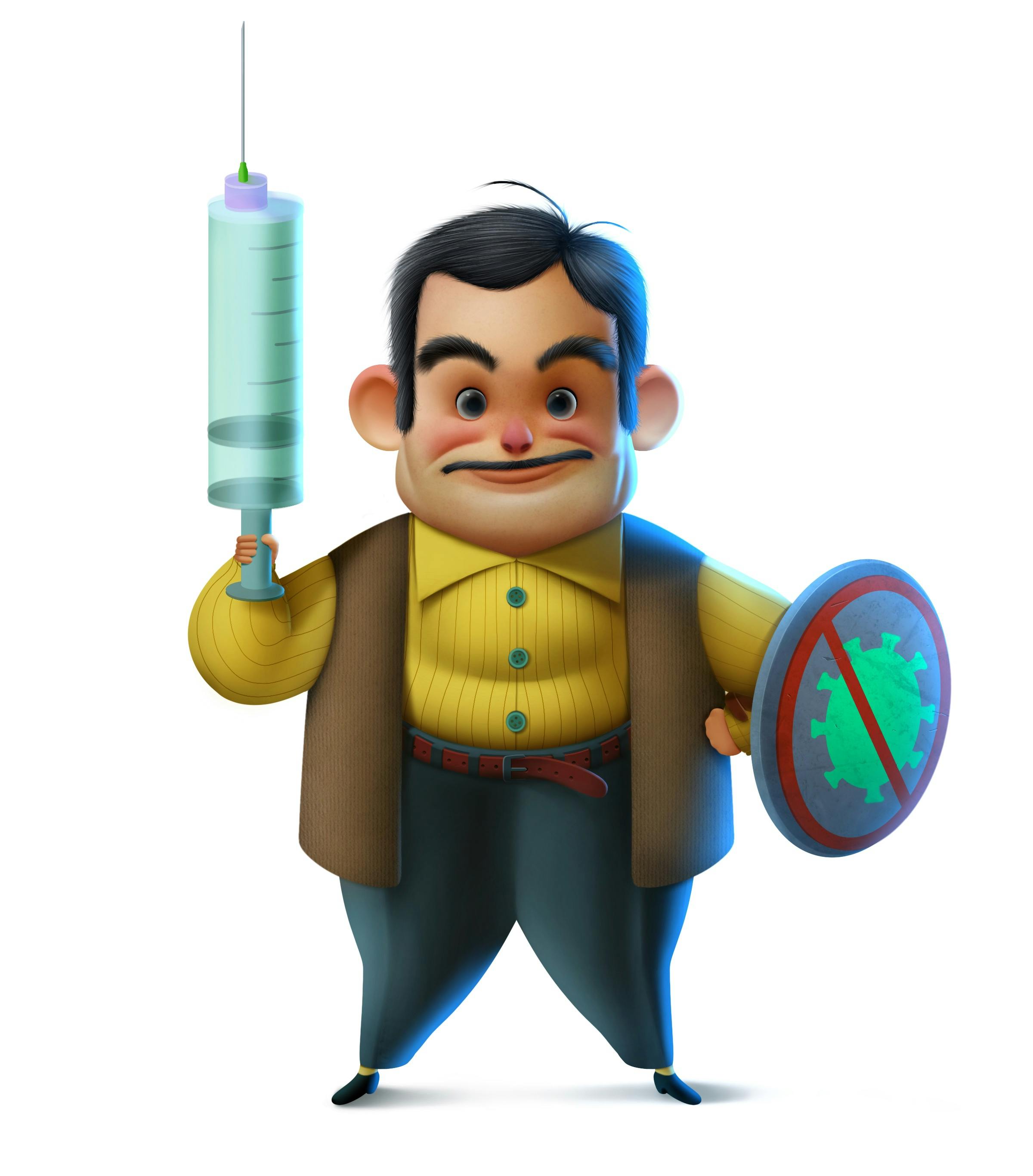 A man holding a giant syringe