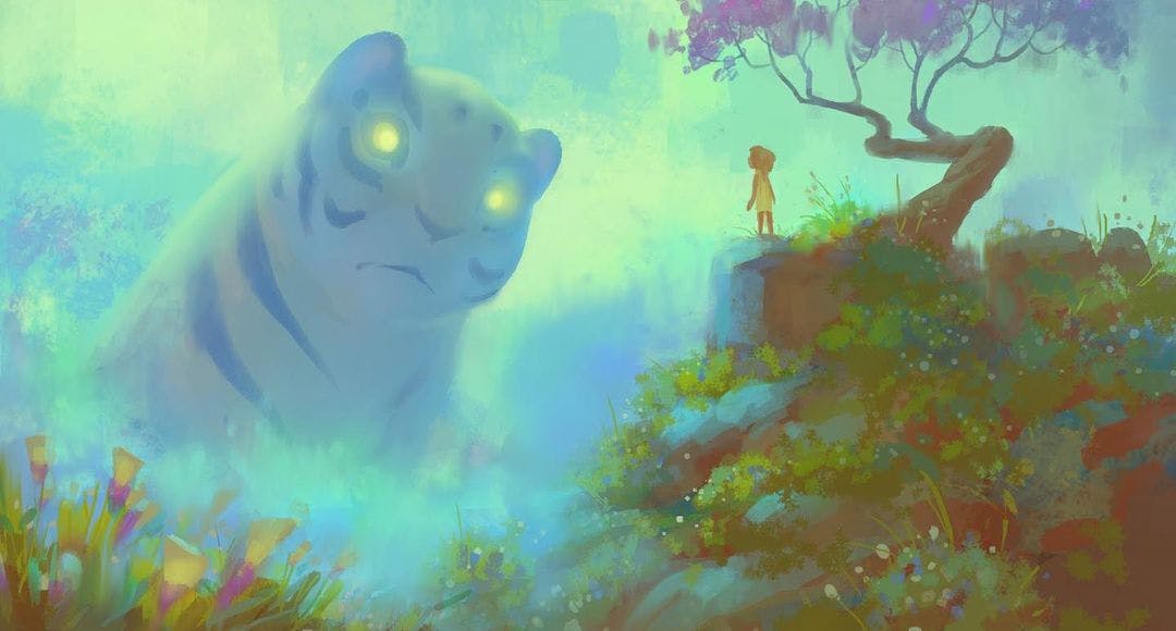 A boy in the forest looking at a magical tiger