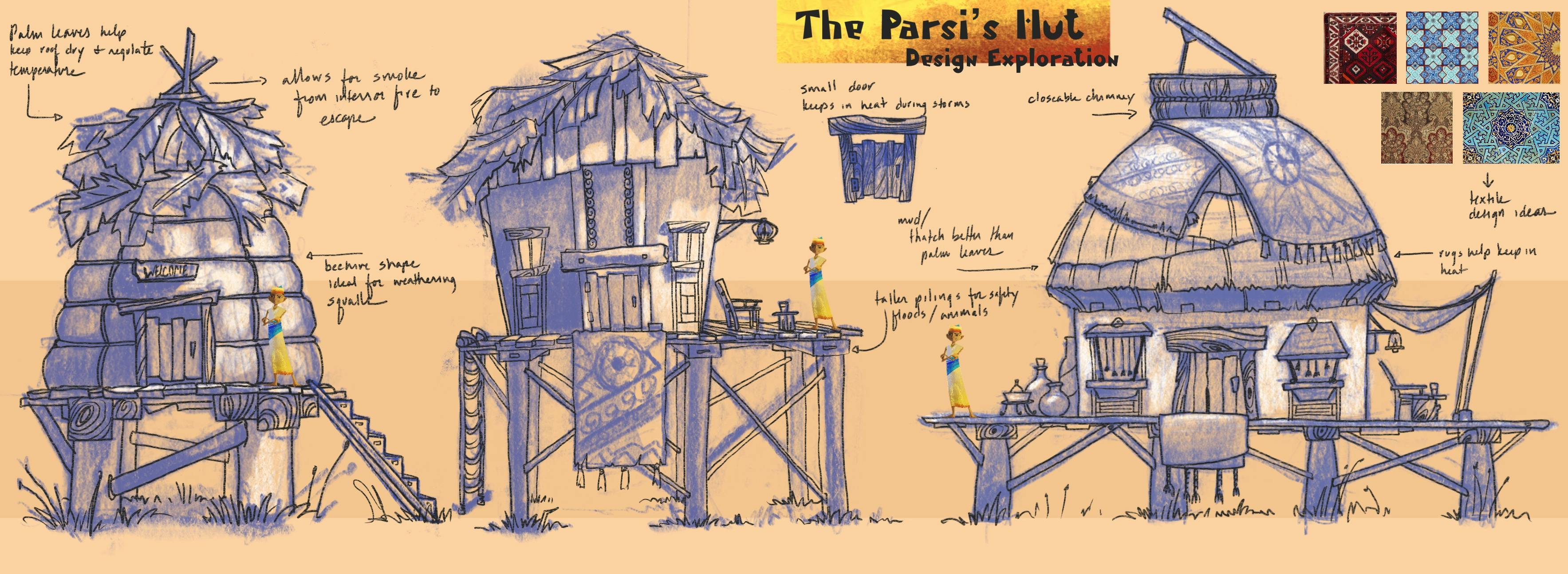Concept art of fantasy hut elevations