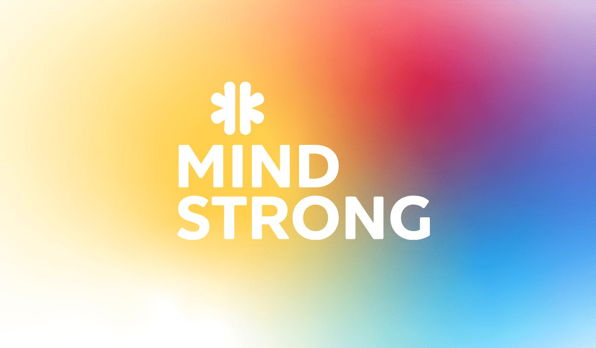 A white Mindstrong logo superimposed over blended colors.